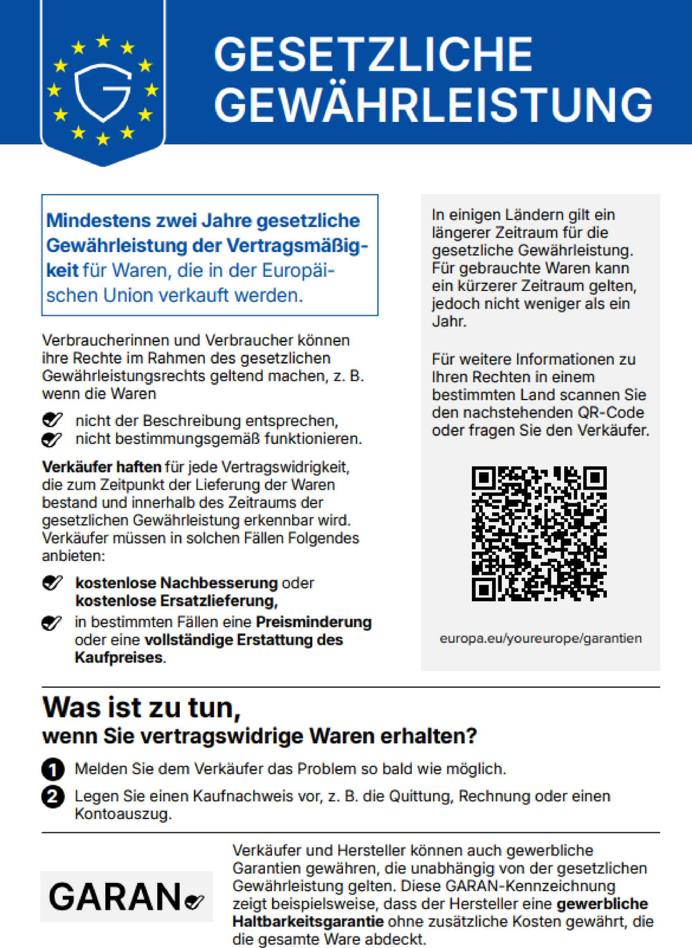 Harmonisierte EU-Mitteilung: Mindestens zwei Jahre gesetzliche Gewährleistung für Waren, die in der Europäischen Union verkauft werden.